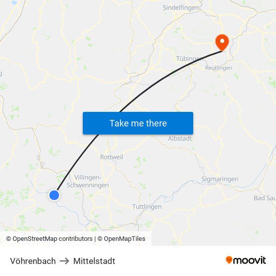 Vöhrenbach to Mittelstadt map