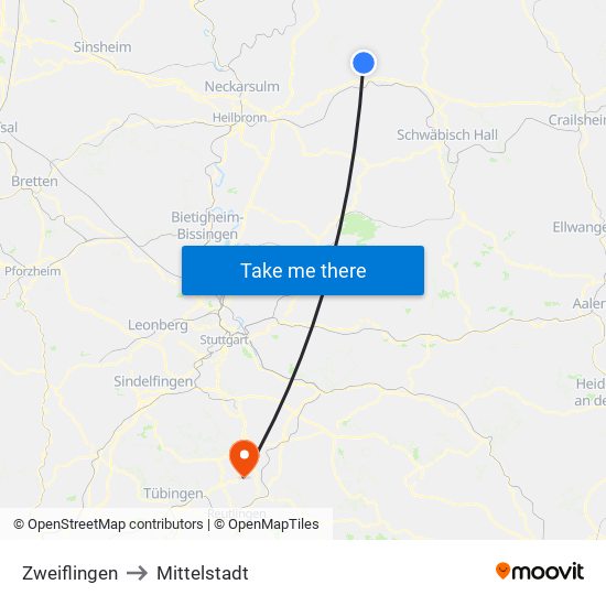 Zweiflingen to Mittelstadt map