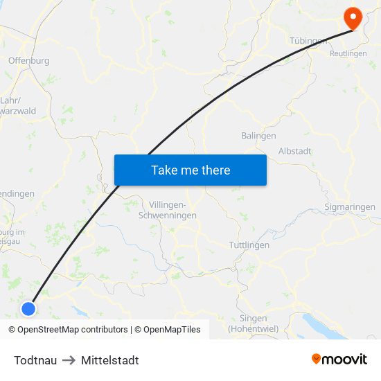 Todtnau to Mittelstadt map