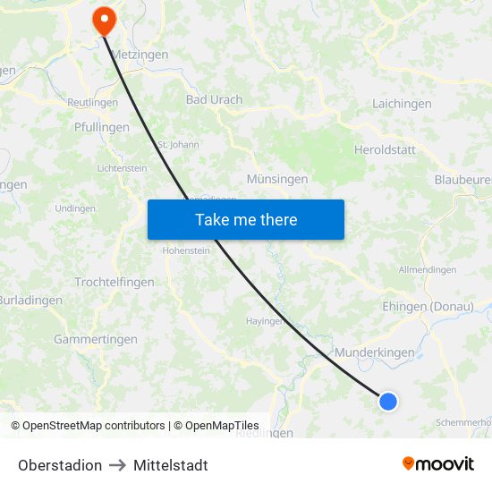 Oberstadion to Mittelstadt map