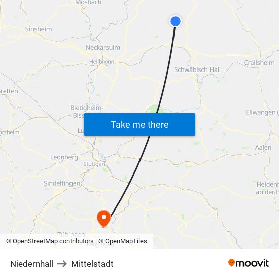 Niedernhall to Mittelstadt map