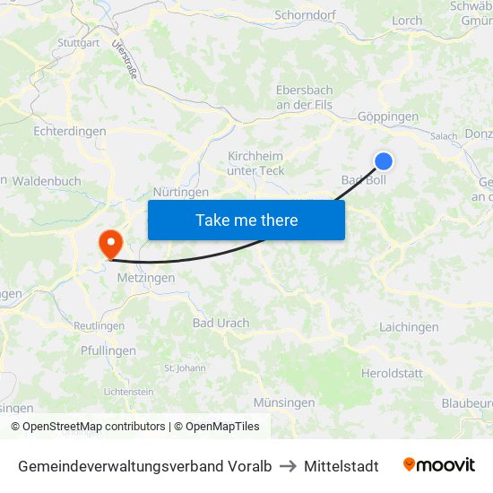 Gemeindeverwaltungsverband Voralb to Mittelstadt map