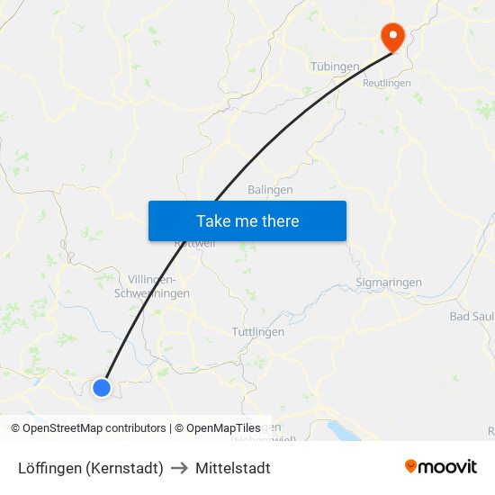 Löffingen (Kernstadt) to Mittelstadt map