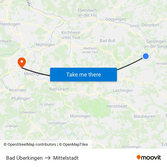 Bad Überkingen to Mittelstadt map