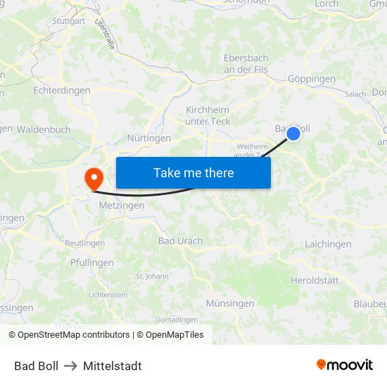 Bad Boll to Mittelstadt map