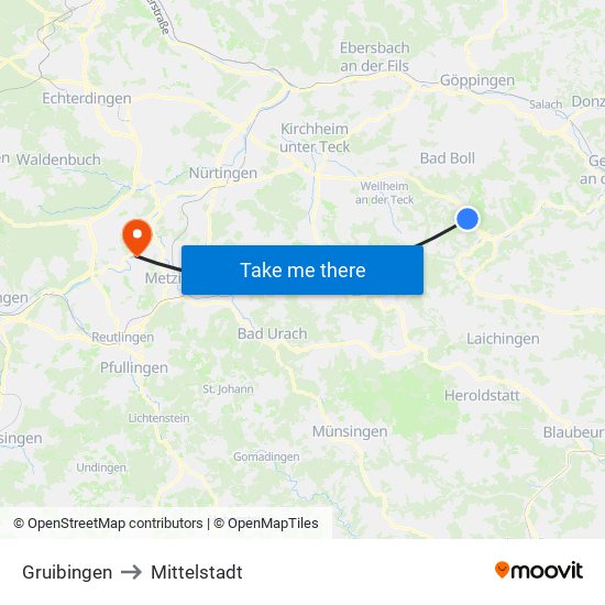 Gruibingen to Mittelstadt map