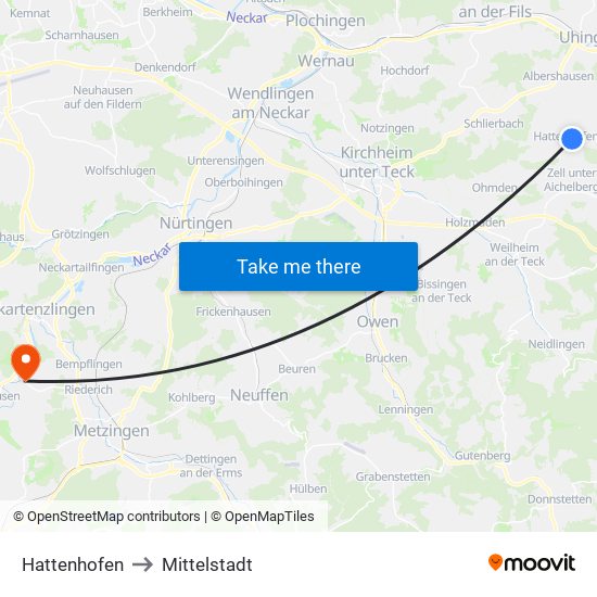 Hattenhofen to Mittelstadt map