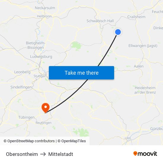 Obersontheim to Mittelstadt map