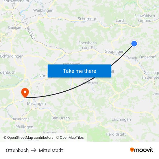 Ottenbach to Mittelstadt map