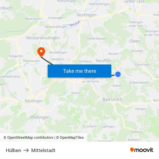 Hülben to Mittelstadt map