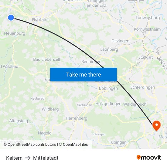 Keltern to Mittelstadt map