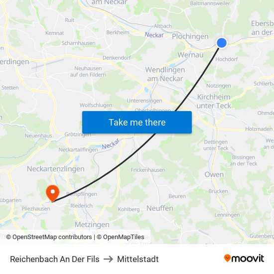 Reichenbach An Der Fils to Mittelstadt map