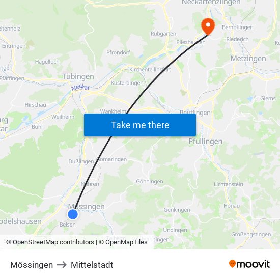 Mössingen to Mittelstadt map