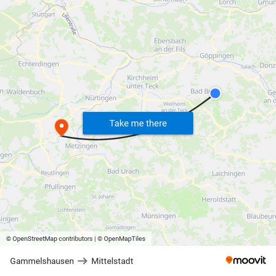 Gammelshausen to Mittelstadt map