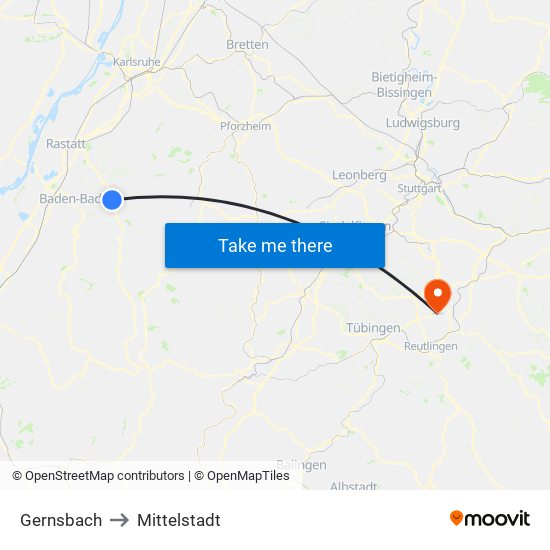 Gernsbach to Mittelstadt map