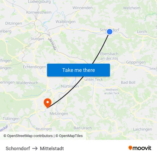 Schorndorf to Mittelstadt map