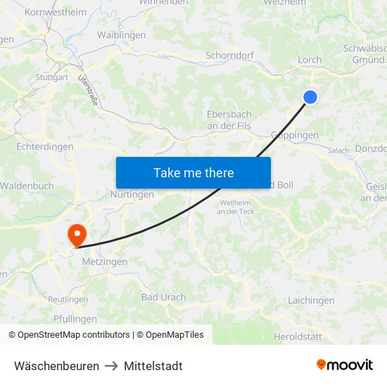 Wäschenbeuren to Mittelstadt map