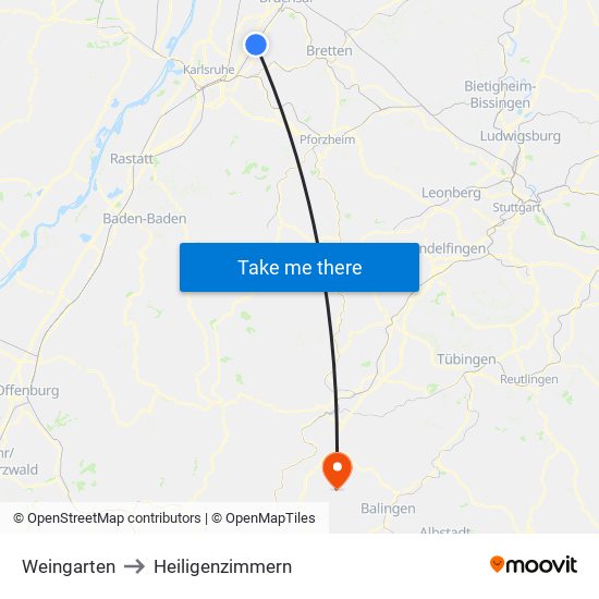 Weingarten to Heiligenzimmern map