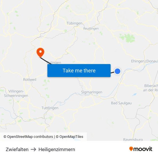 Zwiefalten to Heiligenzimmern map