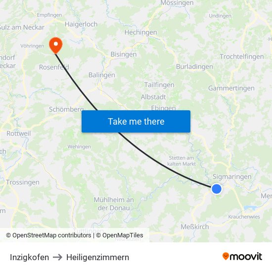 Inzigkofen to Heiligenzimmern map