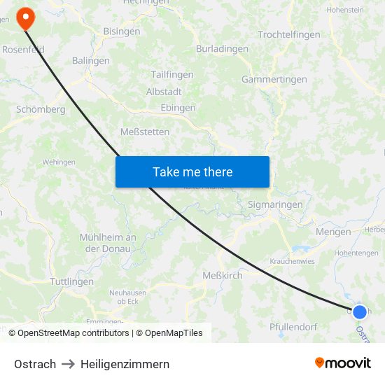 Ostrach to Heiligenzimmern map
