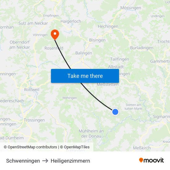 Schwenningen to Heiligenzimmern map