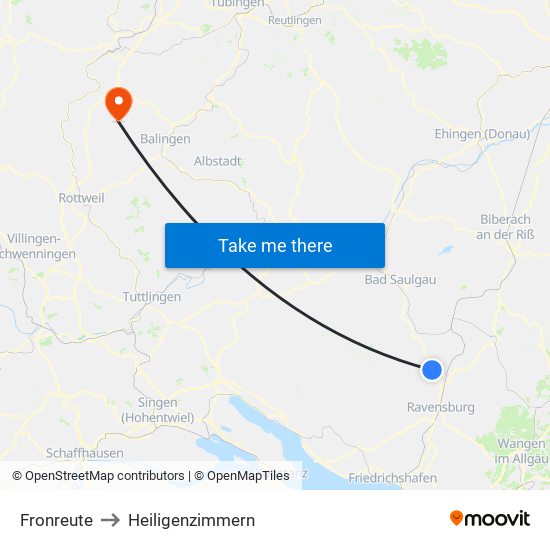 Fronreute to Heiligenzimmern map