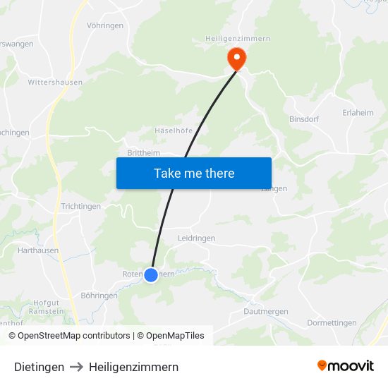 Dietingen to Heiligenzimmern map