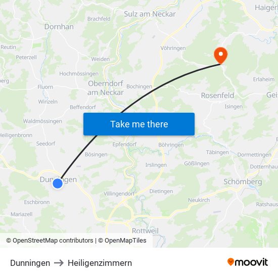 Dunningen to Heiligenzimmern map