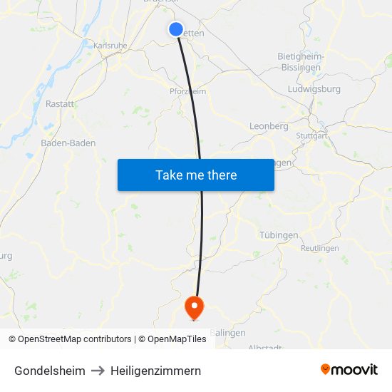 Gondelsheim to Heiligenzimmern map