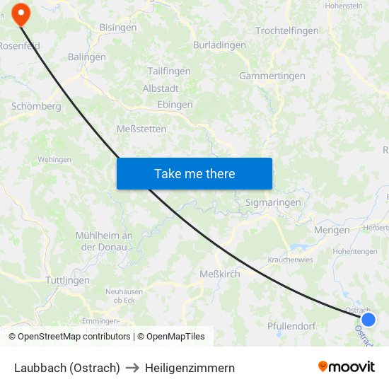 Laubbach (Ostrach) to Heiligenzimmern map