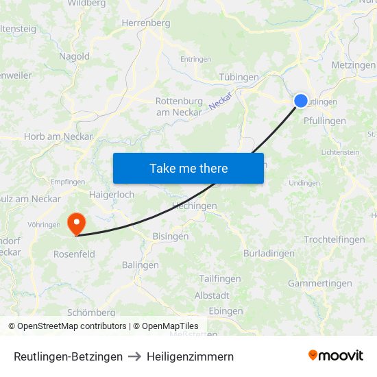 Reutlingen-Betzingen to Heiligenzimmern map