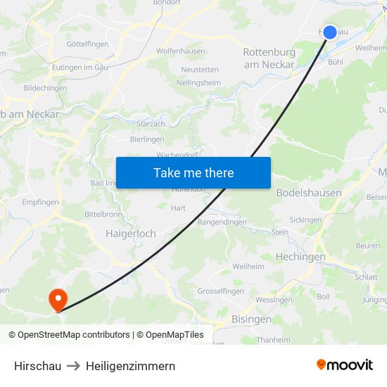 Hirschau to Heiligenzimmern map