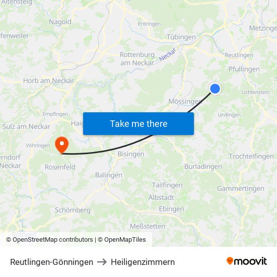 Reutlingen-Gönningen to Heiligenzimmern map