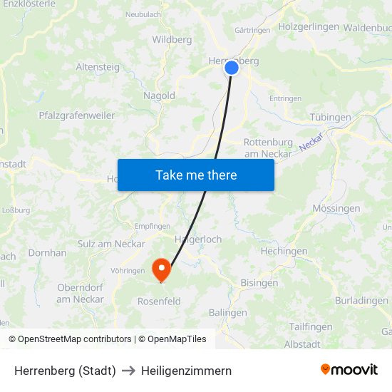 Herrenberg (Stadt) to Heiligenzimmern map