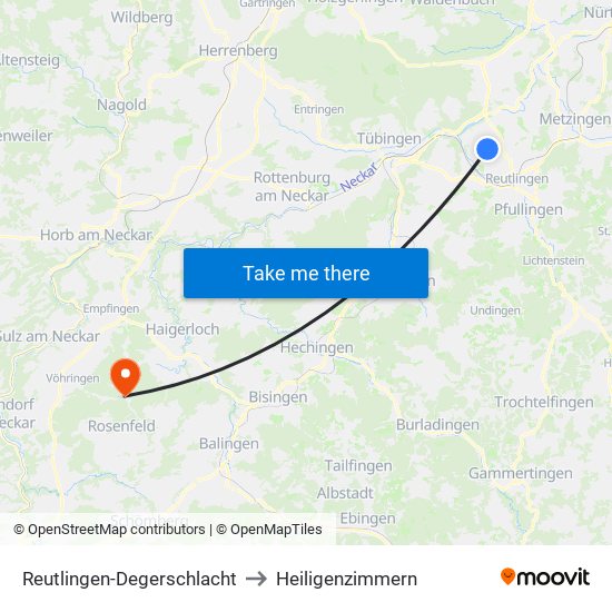 Reutlingen-Degerschlacht to Heiligenzimmern map