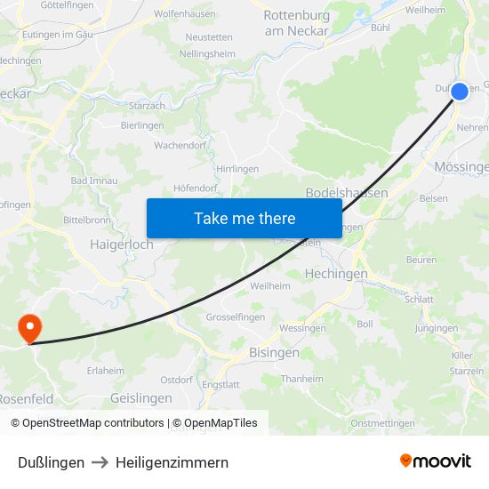 Dußlingen to Heiligenzimmern map