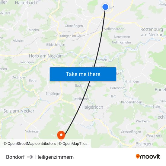 Bondorf to Heiligenzimmern map