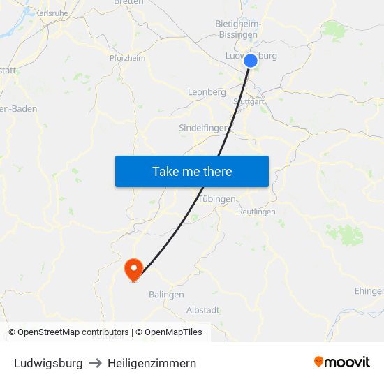 Ludwigsburg to Heiligenzimmern map