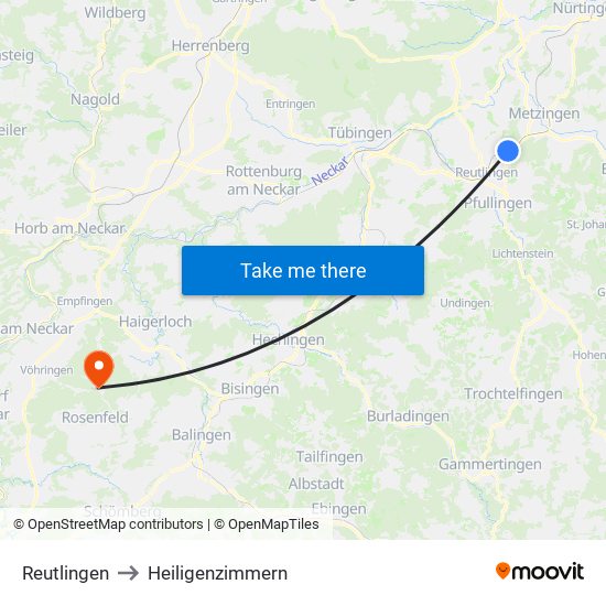 Reutlingen to Heiligenzimmern map