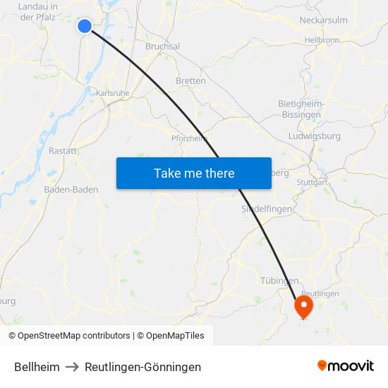 Bellheim to Reutlingen-Gönningen map