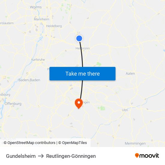 Gundelsheim to Reutlingen-Gönningen map
