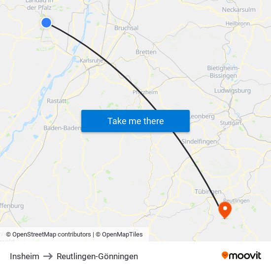 Insheim to Reutlingen-Gönningen map