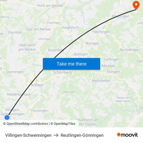 Villingen-Schwenningen to Reutlingen-Gönningen map