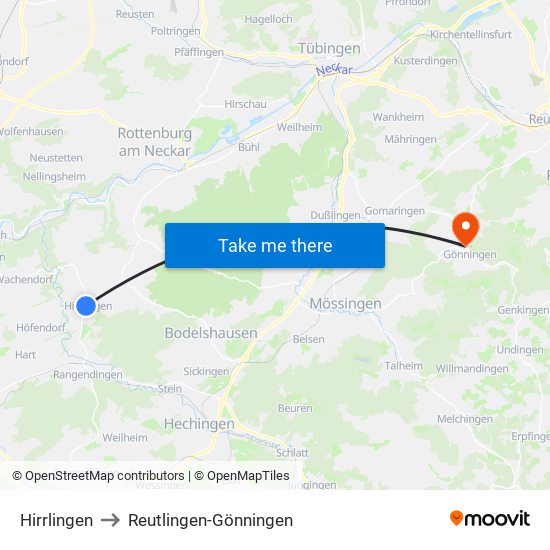 Hirrlingen to Reutlingen-Gönningen map