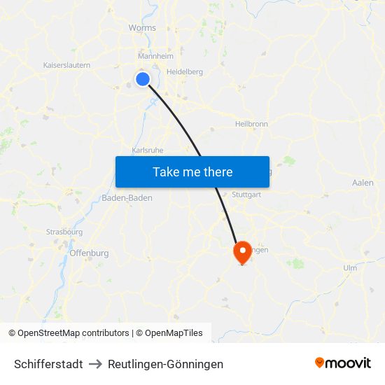 Schifferstadt to Reutlingen-Gönningen map