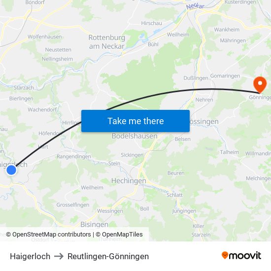 Haigerloch to Reutlingen-Gönningen map