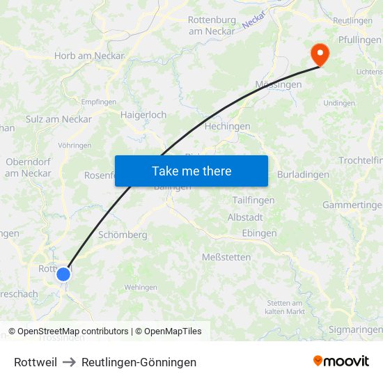 Rottweil to Reutlingen-Gönningen map