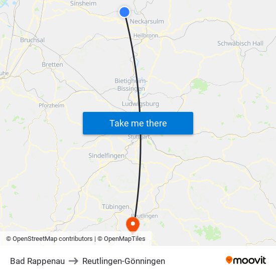 Bad Rappenau to Reutlingen-Gönningen map