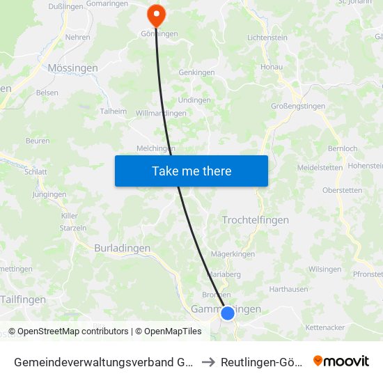 Gemeindeverwaltungsverband Gammertingen to Reutlingen-Gönningen map